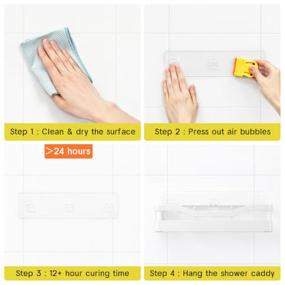 Heavy-Duty Adhesive Shower Shelves, White Storage Shelf | No Drill Wall Mounted Stainless Steel Shower Caddy Set with 44lbs Max Load, 0.43" Wire Spacing, Toothbrush & Soap Holder - color: White