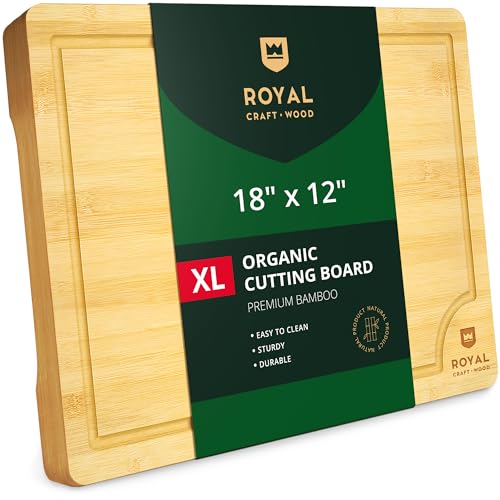 ROYAL CRAFT WOOD Bamboo Cutting Board | with Juice Groove - Kitchen Chopping Board for Meat Cheese and Vegetables, Heavy Duty Serving Tray - color: Natural, size: 18"L x 12"W
