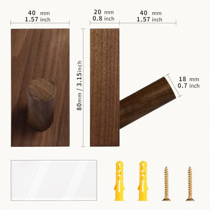 SIAMESE Wooden Wall Hooks, 4 Pcs Adhesive or Nail in Walnut Wood Coat Hooks Wall Mounted for Robe, Towel, Hat, Key, Bag, Clothes in Entryway, Bedroom or Closet (Walnut Wood)