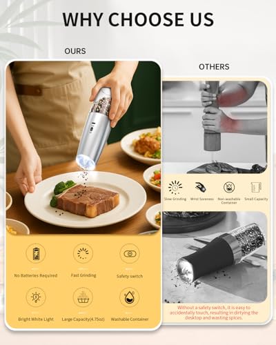 CIRCLE JOY Rechargeable Gravity Electric Salt and Pepper Grinder Set, Stainless Steels Salt and Pepper Mills with LED Light, No Battery Needed, Adjustable Coarseness, Washable 135ml Container, Silver - color: Stainless Steel Set, size: KYMQ + Rechargeable