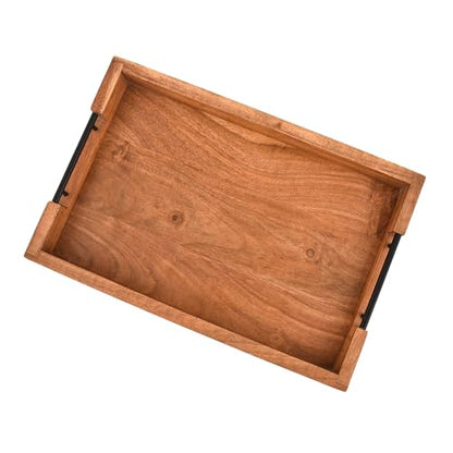 Tray with Metal Handles Acacia Wood Serving Tray Decorative Ottoman Coffee Table Tray for Living Room Kitchen Food Tray (15" X 10" X 1.6")