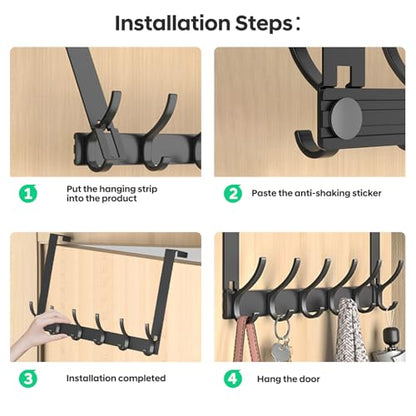 2 Pack Over The Door Hooks - NO NAIL over door hanger holder,NO ASSEMBLY REQUIRED large over the door towel rack with 12 hooks, heavy duty hooks for bathroom,bedroom,hanging towels,coats (Black)