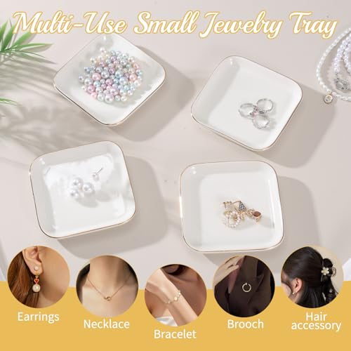 12 Pack Ceramic Jewelry Trays, 4.53 Inch Square Jewelry Dish with Gold Rim, Small Ring Dish Holder for Dresser Vanity, Stackable Decorative Tray, Earring Organizer for Display