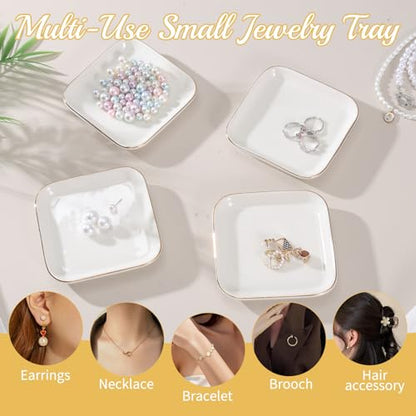 12 Pack Ceramic Jewelry Trays, 4.53 Inch Square Jewelry Dish with Gold Rim, Small Ring Dish Holder for Dresser Vanity, Stackable Decorative Tray, Earring Organizer for Display