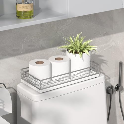 Toilet Paper Basket, 13 Inch Bathroom Toilet Tank Basket with Handles White | Bathroom Basket, Back of Toilet Basket, Toilet Tank Tray, Toilet Organizer for Toilet Paper Storage, Toiletries & Essentials - color: White