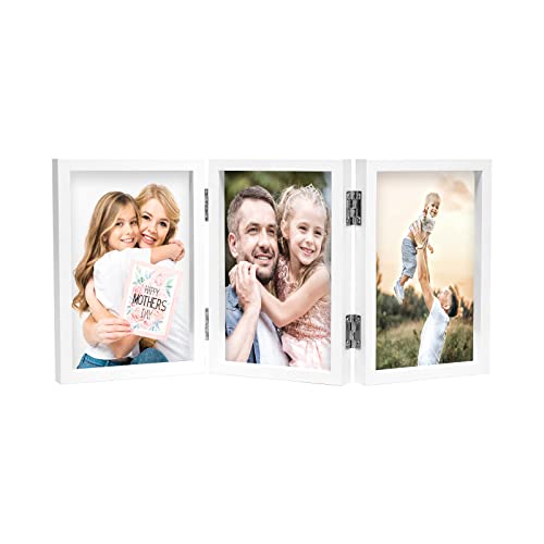 WUTL 3 Picture Frame Triple Collage 4x6 Frames with Real Glass White | Trifold Photo Frame, Hinged Foldable, Crystal Clear Real Glass - color: White, size: 4x6