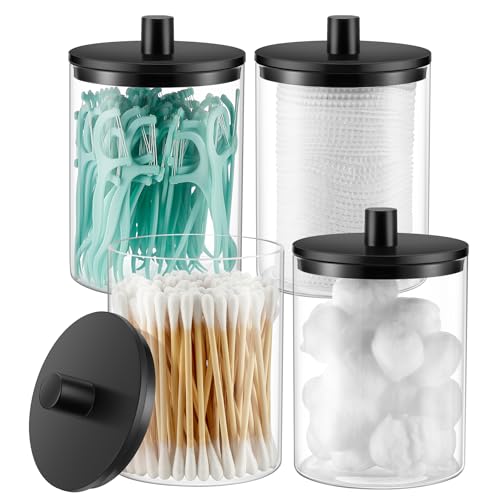 Glass Qtip Holder Dispenser - 10 oz Clear Canister Apothecary Jar, Bathroom Vanity Storage Organizer Set for Cotton Swabs, Pads, Floss Picks, Small Containers for Makeup Storage (4 Pack, Black) - color: Black, size: 4 Pack