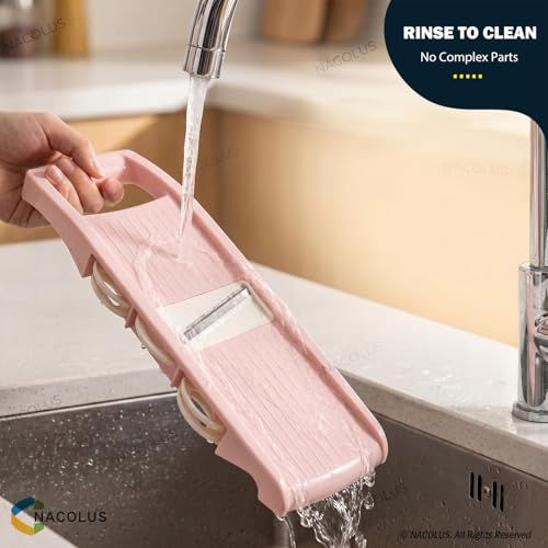 NACOLUS Mandoline Slicer for Kitchen Slicer Vegetable Cutter 5 In 1 Veggie Slicer Potato Slicer waffle fry cutter Hot Swap Mandolin with Peeler for Vegetables Carrot Shredder Cucumber Slicer - Pink | slicer vegetable cutter,hot-swap self-storage,efficient