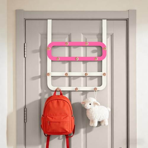 Over Door Hooks for Kids Backpacks - 21.5" Extra Long Door Hanger Low Reach, 14 Wooden Ball Coat Rack for Nursery Bedroom Bathroom, White & Green Purse Bag Towel Holder Organizer - color: Pink