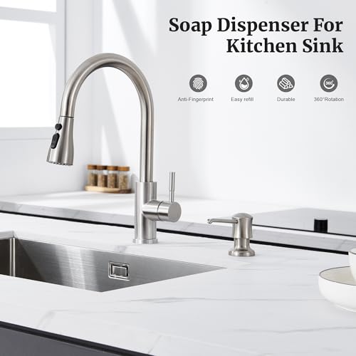 Sink Soap Dispenser for Kitchen Sink Brushed Nickel Upgrade with 40" Silicone Extension Tube Kit, Connect to Your Soap Bottle Directly | Built-in and Reduces Refill Frequency, Simple DIY Installation, Fits 1.1–1.6 in Sink Holes, for Dish Soap or Lotion -