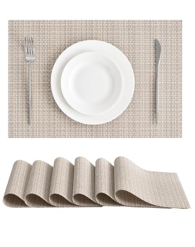 Leetaltree Woven Vinyl Placemats Set of 6, Beige | High Density, Basketweave Woven, Stain Resistant, Easy to Clean, Washable Table Mats for Indoor Dining and Outdoor Patio - color: 00- Beige, size: Set of 6
