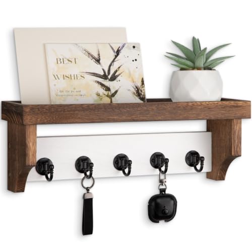 Key and Mail Holder Wall Mount, Key Holder with Shelf and Mail Organizer Wall Mount. Mail Holder with 5 Hooks for Coat, Dog Leash, Home Decor Rack, Entry Way Organizer (White & Brown) - color: White & Brown