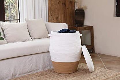 26"x20" Handcrafted Tall Cotton Rope Basket with Lid, Stylish Flagon Shape with Cover, Clothes Hamper with Top, for Bedroom and Living Room, White/Camel Bottom - color: White/Camel Bottom, size: 26"x20"