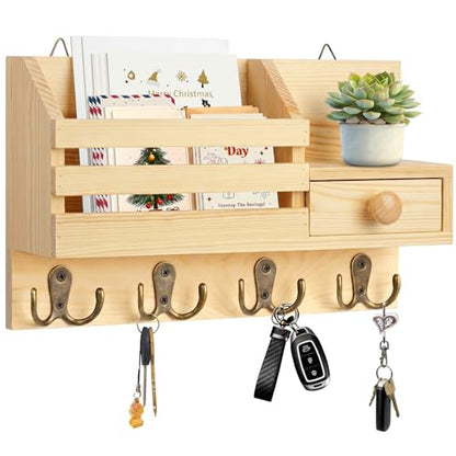 Key Holder Wall Mount, Wooden Key and Mail Organizer, Natural | 2 Mount Options, Includes 8 Hooks, Fence Mail Slot, Small Drawer and Shelf, for Entryway, Hallway, Doorway, Living Room, RV - color: Natural