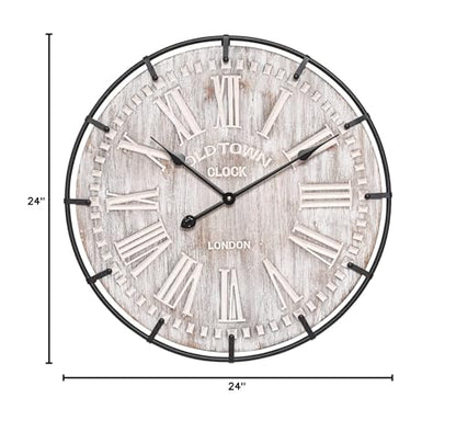EMAX HOME 24 Inch Large Farmhouse Wall Clock, Rustic Antique Wood with Metal Circle and Large Engraved Numerals, Silent Battery Operated Wall Clock for Office Kitchen Bedroom Living Room - color: Brown, size: 24 Inch Roman numerals
