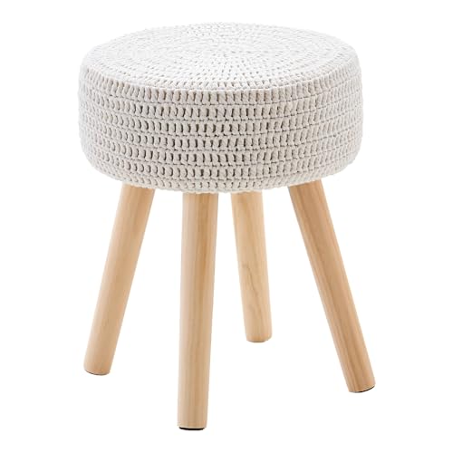 Wimarsbon Pouf Ottoman, 100% Cotton Knitted Boho Footstool, Round Footrest with Non-Skid Wood Legs, Home Décor Handmade Pouffe, Leisure Floor Step Stool for Living Room (Long Leg - Beige) - color: Long Leg - Beige
