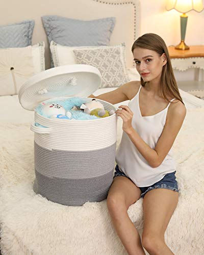 16x18 Inch Extra Large Round Cotton Rope Storage Basket with Lid, Decorative Woven Bin with Cover for Living Room Bedroom Closet, Light Grey & Grey