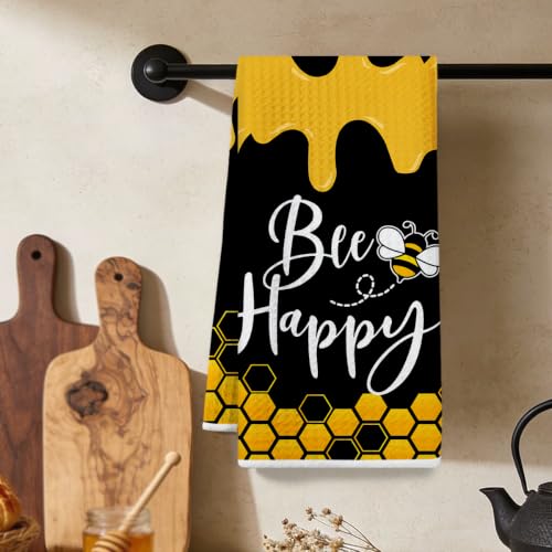 Cute Bee Black Yellow Kitchen Towels 24x14 Inch, Honey Print Hand Towels for Kitchen Home Farmhouse, Absorbent Microfiber Dish Cloth Tea Towel, Housewarming Gifts for Women Mom, Bee Happy - color: Lm 341
