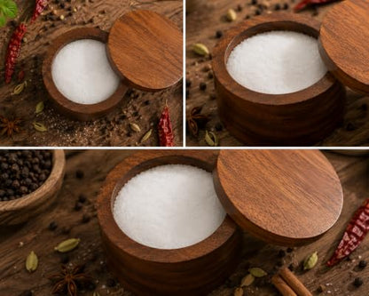 Acacia Wood Salt cellar bowl Box with Swivel Lid – Wooden Salt box for Kitchen Countertop, Salt Keeper for Cooking, Spices & Seasonings