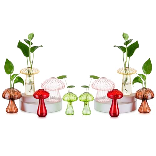 Hewory Plant Propagation Stations: 10PCS Colored Glass Mushroom Vase Jars | Propagation Vases, Mushroom Decor, Gifts for Plant Lovers, Mother, Glass Planter for Windowsill, Buddy, Terrarium Kit, Indoor - color: Colorful-10pcs