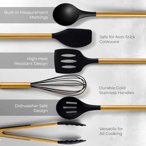 Styled Settings Black and Gold Kitchen Utensils Set with Holder, 8-Piece | Heat Resistant, Nonstick, Black Silicone Cooking Utensils Set, Ceramic Utensil Holder & Stackable Gold Spoon Rest - color: 8PC Black & Gold