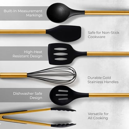 Styled Settings Black and Gold Kitchen Utensils Set with Holder, 8-Piece | Heat Resistant, Nonstick, Black Silicone Cooking Utensils Set, Ceramic Utensil Holder & Stackable Gold Spoon Rest - color: 8PC Black & Gold