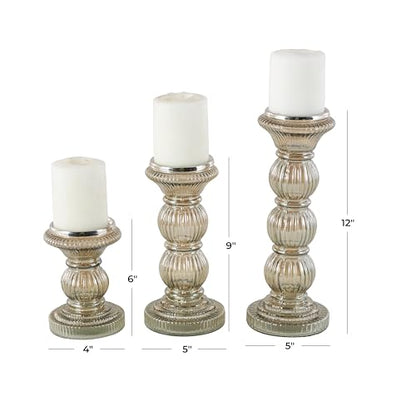 Deco 79 Glass Handmade Decorative Candle Holder Turned Style Pillar Candle Stand, Set of 3 Candlestick Holder 6", 9", 12"H, Gray