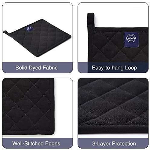 Encasa XO Pot Holders, Quilted Kitchen Hot Pads 8"x8" Full Black | 100% Heavyweight Cotton | Quilted Insulation | Multipurpose Trivets & Hot Pads | Hanging Loop | Set of 2 - color: Full Black