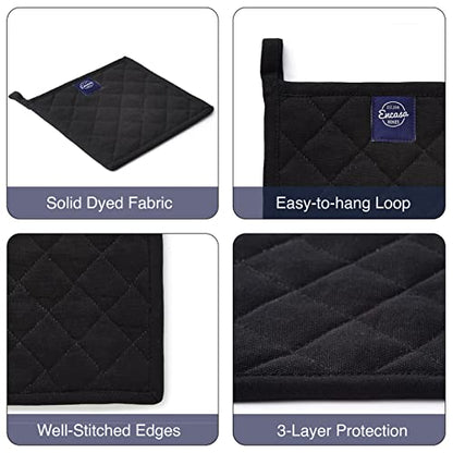 Encasa XO Pot Holders, Quilted Kitchen Hot Pads 8"x8" Full Black | 100% Heavyweight Cotton | Quilted Insulation | Multipurpose Trivets & Hot Pads | Hanging Loop | Set of 2 - color: Full Black