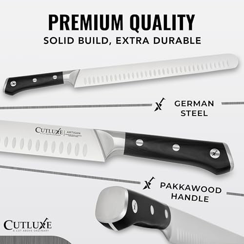 Cutluxe BBQ Carving Set, 12" Brisket Knife & 10" Honing Rod for Meat | Butcher Slicing Blades, Ultra Sharp German Steel, Ergonomic Pakkawood Handles – Artisan Series - size: 2 Pcs Brisket Knife Set