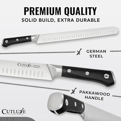 Cutluxe BBQ Carving Set, 12" Brisket Knife & 10" Honing Rod for Meat | Butcher Slicing Blades, Ultra Sharp German Steel, Ergonomic Pakkawood Handles – Artisan Series - size: 2 Pcs Brisket Knife Set