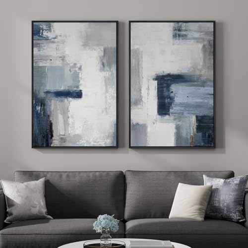 Large Framed Blue Gray Abstract Wall Art Set of 2, Modern Canvas Artwork for Living Room Walls, Minimalist Cool Tone Print Paintings for Bedroom Hallway Home Office Dining Room Wall Decor, 24x36 Inch - color: Blue Grey