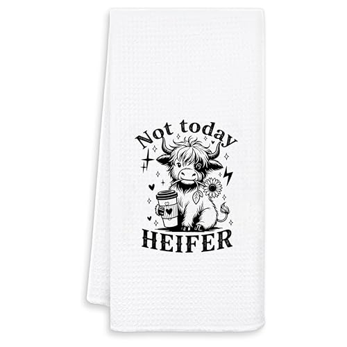 Not Today Heifer Funny Highland Cow Kitchen Towels, Cow Lover Gifts Decorative Hand Towels for Bathroom, Retro Trendy Farmhouse Coffee Heifer Dish Tea Towel, 16x24 Inch - color: White-not Today Heifer