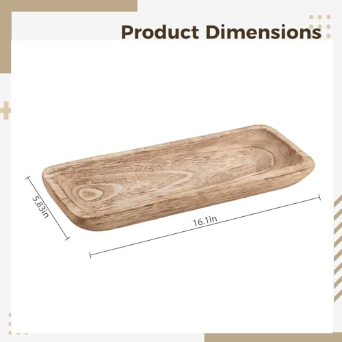 Wooden Dough Bowl 16.5 in Centerpiece, Rustic Style Table Decor, Hand Carved Catchall Tray, Long Decorative Wood, for Candles and Fruit Display