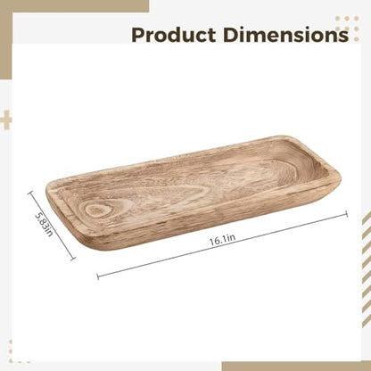 Wooden Dough Bowl 16.5 in Centerpiece, Rustic Style Table Decor, Hand Carved Catchall Tray, Long Decorative Wood, for Candles and Fruit Display
