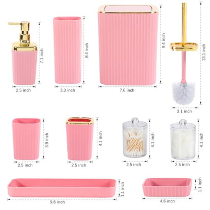 9 PCS Pink Bathroom Accessories Set with Trash Can Bathroom Accessory | All-in-One Kit with Trash Can,Toothbrush Holder,Soap Dispenser,Toothbrush Cup,Vanity Tray,Soap Dish,Toilet Brush etc for Home - color: Pink