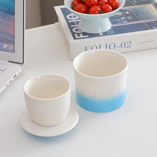 Butter Jar, French-Style Butter Dish with Lid, with Water Line, Countertop Suitable, Housewarming Gift Box, Kitchen & Home Decoration (gradient blue, Ceramic) - color: gradient blue