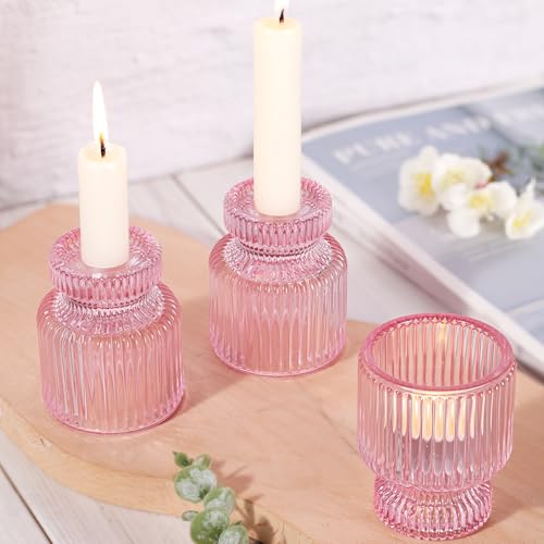 6 Pcs Pink Candlestick Holders - Glass Taper Candle Holders Tealight Votive Candle Holders for Table Centerpieces, Wedding, Dinner Party, Home, Gifts - color: Pink, size: 6Pcs