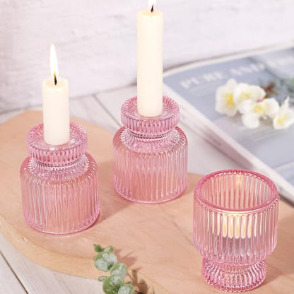 6 Pcs Pink Candlestick Holders - Glass Taper Candle Holders Tealight Votive Candle Holders for Table Centerpieces, Wedding, Dinner Party, Home, Gifts - color: Pink, size: 6Pcs