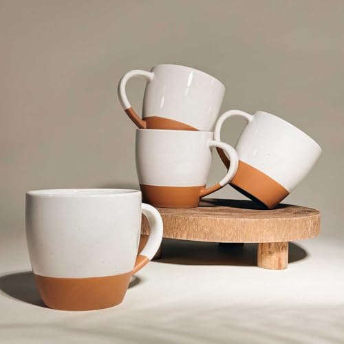 Mora Ceramic Large Latte Mug Set of 4, 16oz - Microwavable, Porcelain Coffee Cups With Big Handle - Modern, Boho, Unique Style For Any Kitchen. Microwave Safe Stoneware - Vanilla White - color: Vanilla White