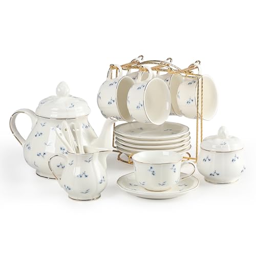 Sweejar 23 Pcs Floral Tea Sets with Metal Holder, Relief Gold Rim Porcelain Tea Sets for Adults, Cup and Saucer Set for 6, with Teapot, Sugar Bowl, Milk Jug, Spoons (Blue Flower) - color: Blue Flower