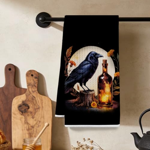 Black Raven Kitchen Towels 24x14 Inch, Gothic Design Autumn Hand Towels for Kitchen Home Farmhouse, Absorbent Microfiber Dish Cloth Tea Towel, Housewarming Gifts for Women - color: Lm 332