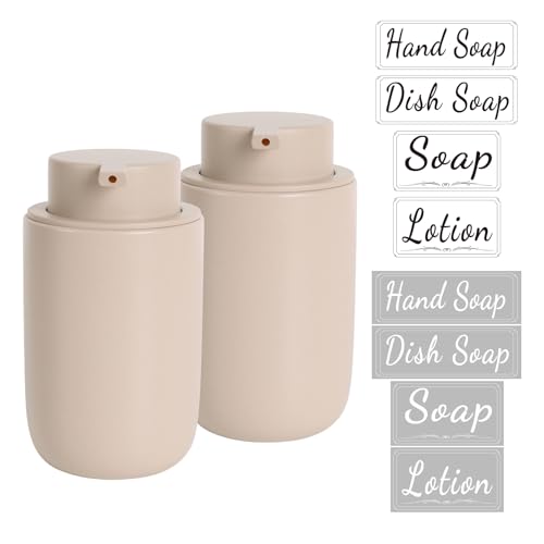 BosilunLife Khaki Soap Dispenser Set - 2 Pack 12oz Ceramic Soap Dispenser | with Rust Proof Pump for Kitchen, Hand Soap and Lotion Set Suitable for Farmhouse Bathroom Decor with Waterproof Labels - color: Khak-2 Pack