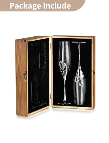 NUPTIO Crystal Champagne Flutes, Wedding Gifts for Couple, Silver, Set of 2 | Rhinestone Rimmed Heart Toasting Glasses with Wooden Gift Box for Engagement, Anniversary, Party, Bridal Showers, 6.76oz - color: Silver