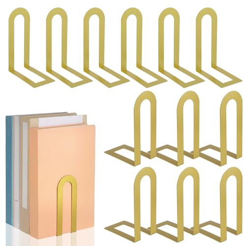 12 Pcs Metal Book Ends, Minimalist Gold, 5.5 * 3.75 * 2.25inch | Decorative Bookends for Shelves, Stackable Organizer for Home Office, Geometric Design Holds Books Upright, Dorm Decor - color: Gold, size: 5.5*3.75*2.25inch