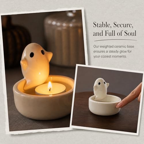 Ceramic Ghost Tealight Candle Holder, Cute Spooky Room Decor for Desk and Nightstand, Kawaii Witchy Aesthetic Small Votive Stand