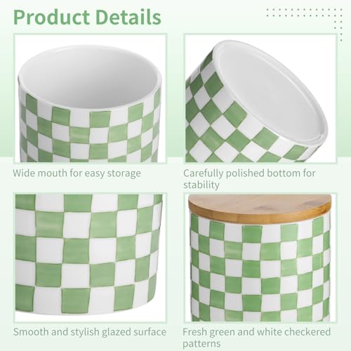 Green and White Checkered Utensil Holder, Painted Ceramic Kitchen Countertop Storage Jar with Sealed Lid, Kitchen Organizer for Spatulas & Coffee Beans, Long-Lasting & Easy Clean, Medium Size
