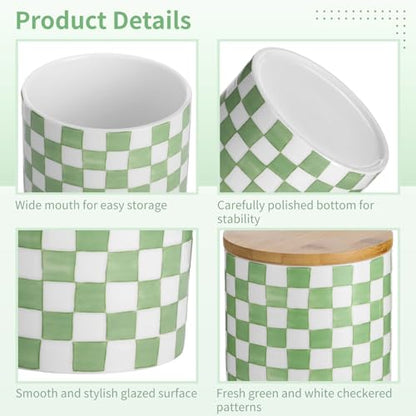 Green and White Checkered Utensil Holder, Painted Ceramic Kitchen Countertop Storage Jar with Sealed Lid, Kitchen Organizer for Spatulas & Coffee Beans, Long-Lasting & Easy Clean, Medium Size