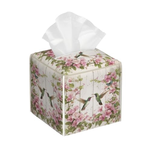 Hummingbird Tissue Box Cover Square,Floral Wood Board Farmhouse Tissue Box Holder Waterproof Leather Facial Paper Organizer Dispenser for Bathroom Home Car Kitchen Nightstand Vanity Desk Decoration - color: Hummingbird