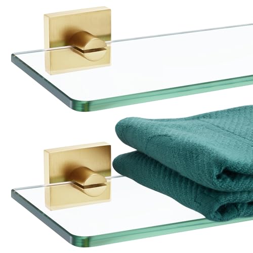 KOKOSIRI Floating Wall Shelf 16-Inch Bathroom Tempered Glass Shelves Shower Rack Kitchen Storage Home Decor, 2 Pack Gold Stainless Steel B1107BG-L16-P2 - color: Brushed Gold, size: 16-Inch(2 Pack)